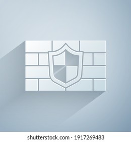 Paper cut Shield with cyber security brick wall icon isolated on grey background. Data protection symbol. Firewall. Network protection. Paper art style. Vector