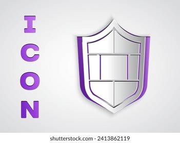 Escudo de corte de papel con el icono de pared de ladrillo de seguridad cibernética aislado en fondo gris. Símbolo de protección de datos. Cortafuegos. Protección de red. Estilo de arte de papel. Vector