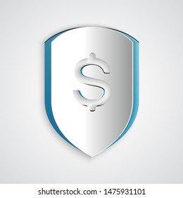 Paper cut Shield and dollar icon isolated on grey background. Security shield protection. Money security concept. Paper art style. Vector Illustration