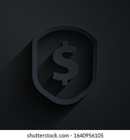 Paper cut Shield with dollar symbol icon isolated on black background. Security shield protection. Money security concept. Paper art style. Vector Illustration