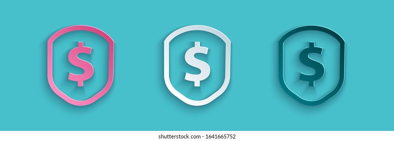 Paper cut Shield with dollar symbol icon isolated on blue background. Security shield protection. Money security concept. Paper art style. Vector Illustration