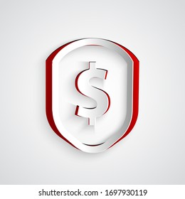 Escudo de corte de papel con icono de símbolo dólar aislado en fondo gris. Protección del escudo de seguridad. Concepto de seguridad monetaria. Estilo de arte de papel. Ilustración vectorial