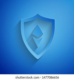 Paper cut Shield Ethereum ETH icon isolated on blue background. Cryptocurrency mining, blockchain technology, security, protect, digital money. Paper art style. Vector Illustration