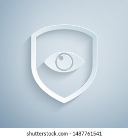 Paper cut Shield and eye icon isolated on grey background. Security, safety, protection, privacy concept. Paper art style. Vector Illustration