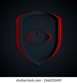 Paper cut Shield and eye icon isolated on black background. Security, safety, protection, privacy concept. Paper art style. Vector Illustration