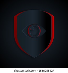 Paper cut Shield and eye icon isolated on black background. Security, safety, protection, privacy concept. Paper art style. Vector Illustration