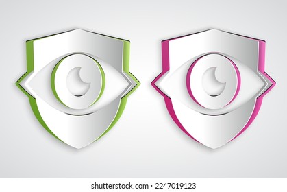 Paper cut Shield and eye icon isolated on grey background. Security, safety, protection, privacy concept. Paper art style. Vector