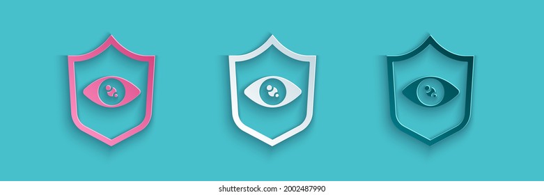 Paper cut Shield eye scan icon isolated on blue background. Scanning eye. Security check symbol. Cyber eye sign. Paper art style. Vector