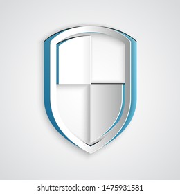 Paper cut Shield icon isolated on grey background. Guard sign. Paper art style. Vector Illustration