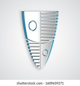 Paper cut Shield icon isolated on grey background. Guard sign. Security, safety, protection, privacy concept. Paper art style. Vector Illustration