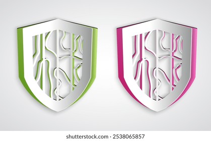 Corte de papel Ícone de escudo isolado no fundo cinza. Sinal de guarda. Segurança, proteção, conceito de privacidade. Estilo da arte do papel. Vetor
