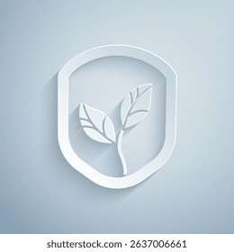 Paper cut Shield with leaf icon isolated on grey background. Eco-friendly security shield with leaf. Paper art style. Vector