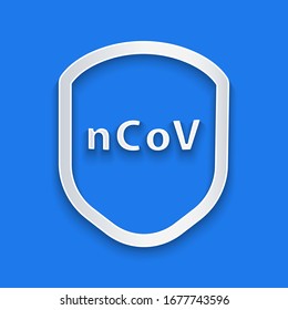 Paper cut Shield protecting from virus, germs and bacteria icon isolated on blue background. Immune system concept. Corona virus 2019-nCoV. Paper art style. Vector Illustration