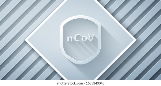 Paper cut Shield protecting from virus, germs and bacteria icon isolated on grey background. Immune system concept. Corona virus 2019-nCoV. Paper art style. Vector Illustration