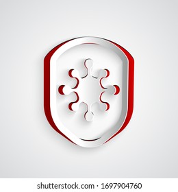 Paper cut Shield protecting from virus, germs and bacteria icon isolated on grey background. Immune system concept. Corona virus 2019-nCoV. Paper art style. Vector Illustration