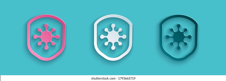 Paper cut Shield protecting from virus, germs and bacteria icon isolated on blue background. Immune system concept. Corona virus 2019-nCoV. Paper art style. Vector Illustration