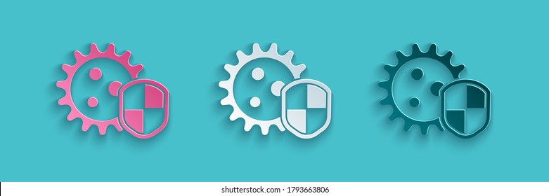 Paper cut Shield protecting from virus, germs and bacteria icon isolated on blue background. Immune system concept. Corona virus 2019-nCoV. Paper art style. Vector Illustration
