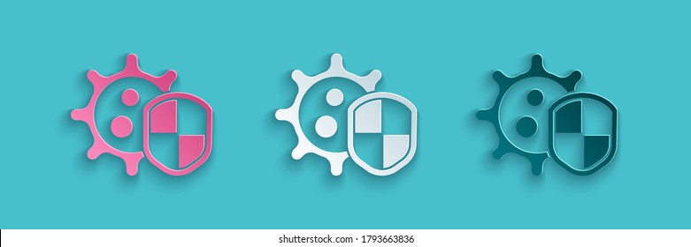Paper cut Shield protecting from virus, germs and bacteria icon isolated on blue background. Immune system concept. Corona virus 2019-nCoV. Paper art style. Vector Illustration