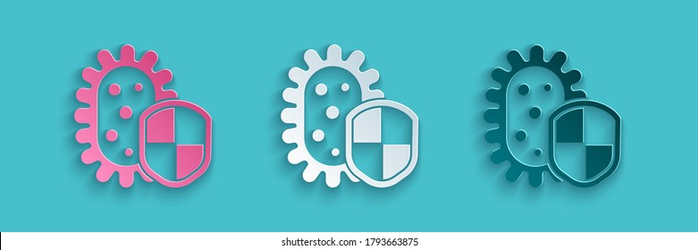 Paper cut Shield protecting from virus, germs and bacteria icon isolated on blue background. Immune system concept. Corona virus 2019-nCoV. Paper art style. Vector Illustration