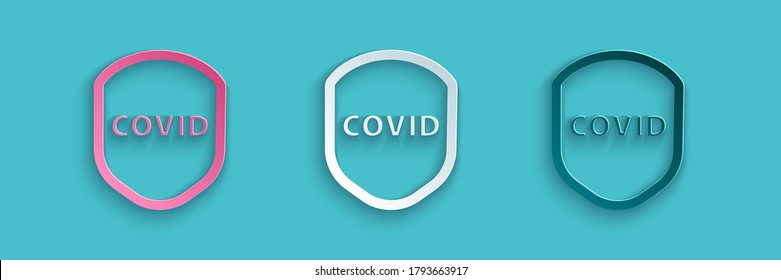 Paper cut Shield protecting from virus, germs and bacteria icon isolated on blue background. Immune system concept. Corona virus covid-19. Paper art style. Vector Illustration
