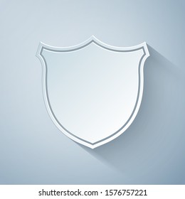 Paper cut Shield security icon isolated on grey background. Protection, safety, security concept. Firewall access privacy sign. Paper art style. Vector Illustration