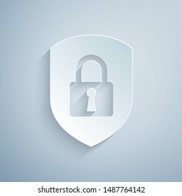 Paper cut Shield security with lock icon isolated on grey background. Protection, safety, password security. Firewall access privacy sign. Paper art style. Vector Illustration