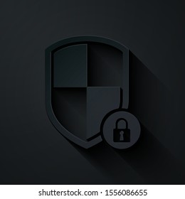 Paper cut Shield security with lock icon isolated on black background. Protection, safety, password security. Firewall access privacy sign. Paper art style. Vector Illustration