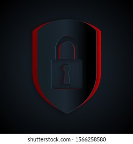 Paper cut Shield security with lock icon isolated on black background. Protection, safety, password security. Firewall access privacy sign. Paper art style. Vector Illustration