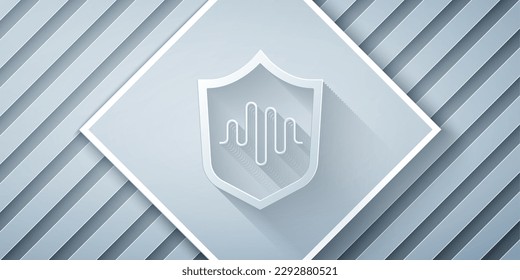 Paper cut Shield voice recognition icon isolated on grey background. Voice biometric access authentication for personal identity recognition. Paper art style. Vector