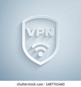 Paper Cut Shield With VPN And Wifi Wireless Internet Network Symbol Icon Isolated On Grey Background. VPN Protect Safety Concept. Paper Art Style. Vector Illustration