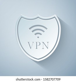 Paper Cut Shield With VPN And WiFi Wireless Internet Network Symbol Icon On Grey Background. VPN Protect Safety Concept. Virtual Private Network For Security. Paper Art Style. Vector Illustration