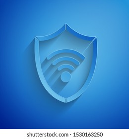 Paper cut Shield with WiFi wireless internet network symbol icon isolated on blue background. Protection safety concept. Paper art style. Vector Illustration