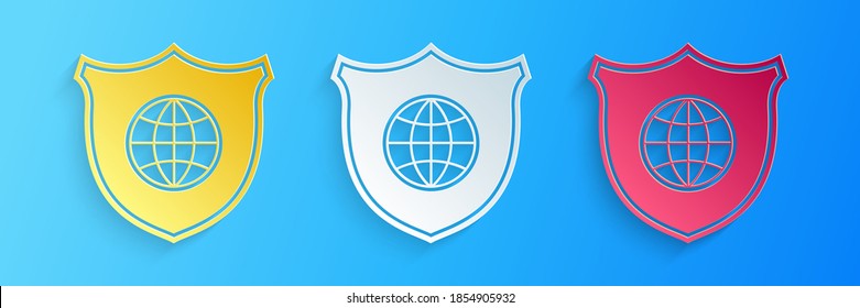 Paper cut Shield with world globe icon isolated on blue background. Security, safety, protection, privacy concept. Paper art style. Vector.