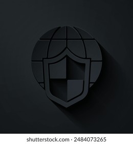 Escudo de corte de papel con el icono del globo del mundo aislado sobre fondo negro. Concepto de seguro. Seguridad, seguridad, protección, concepto de privacidad. Estilo de arte de papel. Vector