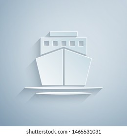 Paper cut Ship icon isolated on grey background. Paper art style. Vector Illustration