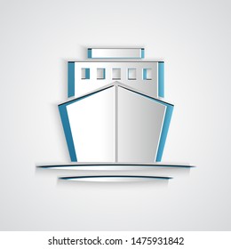 Paper cut Ship icon isolated on grey background. Paper art style. Vector Illustration