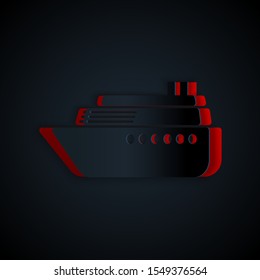 Paper cut Ship icon isolated on black background. Paper art style. Vector Illustration