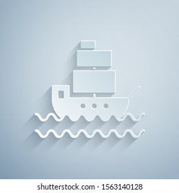 Paper cut Ship icon isolated on grey background. Paper art style. Vector Illustration
