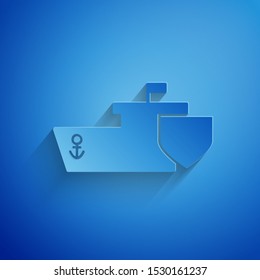 Paper cut Ship with shield icon isolated on blue background. Insurance concept. Security, safety, protection, protect concept. Paper art style. Vector Illustration