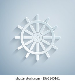 Paper cut Ship steering wheel icon isolated on grey background. Paper art style. Vector Illustration