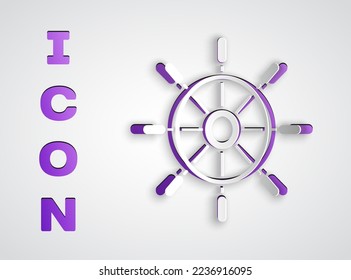 Paper cut Ship steering wheel icon isolated on grey background. Paper art style. Vector