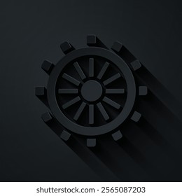 Paper cut Ship steering wheel icon isolated on black background. Paper art style. Vector