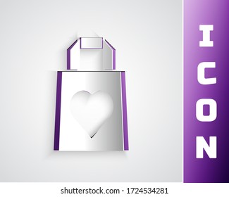Paper cut Shopping bag with heart icon isolated on grey background. 8 March. International Happy Women Day. Paper art style. Vector Illustration