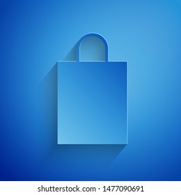 Paper cut Paper shopping bag icon isolated on blue background. Package sign. Paper art style. Vector Illustration