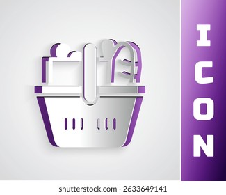 Paper cut Shopping basket and food icon isolated on grey background. Food store, supermarket. Paper art style. Vector
