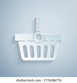 Paper cut Shopping basket icon isolated on grey background. Online buying concept. Delivery service sign. Shopping cart symbol. Paper art style. Vector Illustration