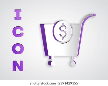 Paper cut Shopping cart and dollar symbol icon isolated on grey background. Online buying concept. Delivery service. Supermarket basket. Paper art style. Vector
