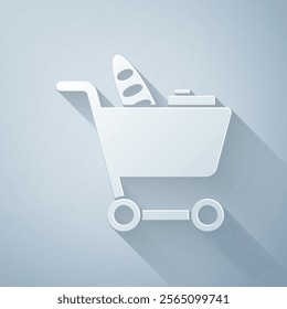 Paper cut Shopping cart and food icon isolated on grey background. Food store, supermarket. Paper art style. Vector Illustration