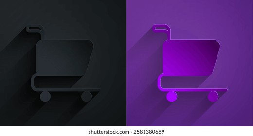 Paper cut Shopping cart icon isolated on black on purple background. Online buying concept. Delivery service sign. Supermarket basket symbol. Paper art style. Vector