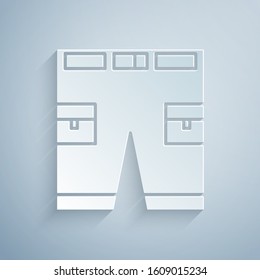 Paper cut Short or pants icon isolated on grey background. Paper art style. Vector Illustration